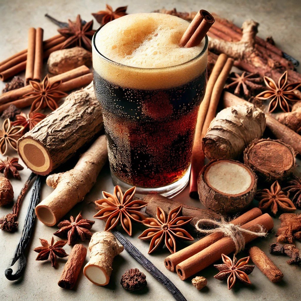 DALL·E 2024-11-03 20.38.01 - A closeup, detailed image of a root beer surrounded by the roots, barks, and spices traditionally used in its brewing. Include ingredients like sassaf.jpg