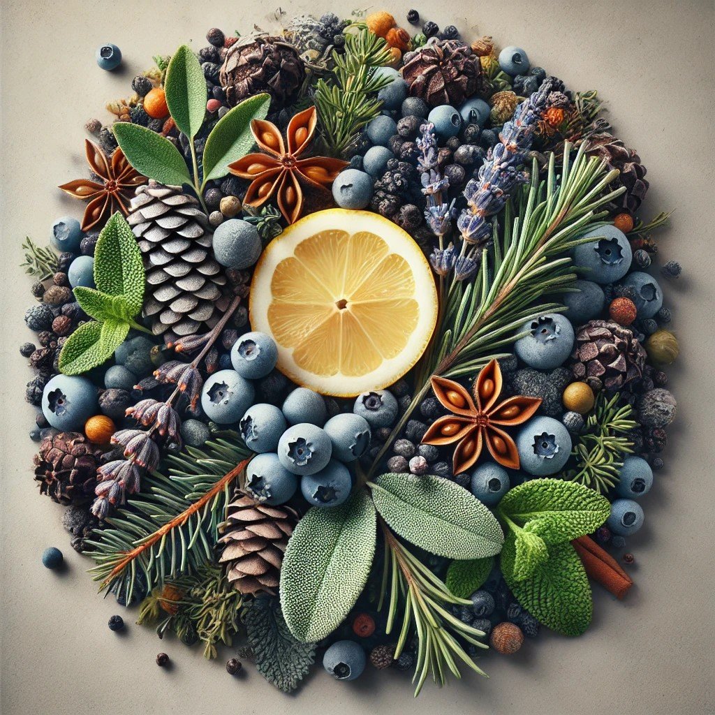 DALL·E 2024-11-03 20.36.05 - A closeup, detailed image of a carefully arranged pile of juniper berries, lemon slices, elderberries, blue spruce needles, lavender flowers, eucalypt.jpg