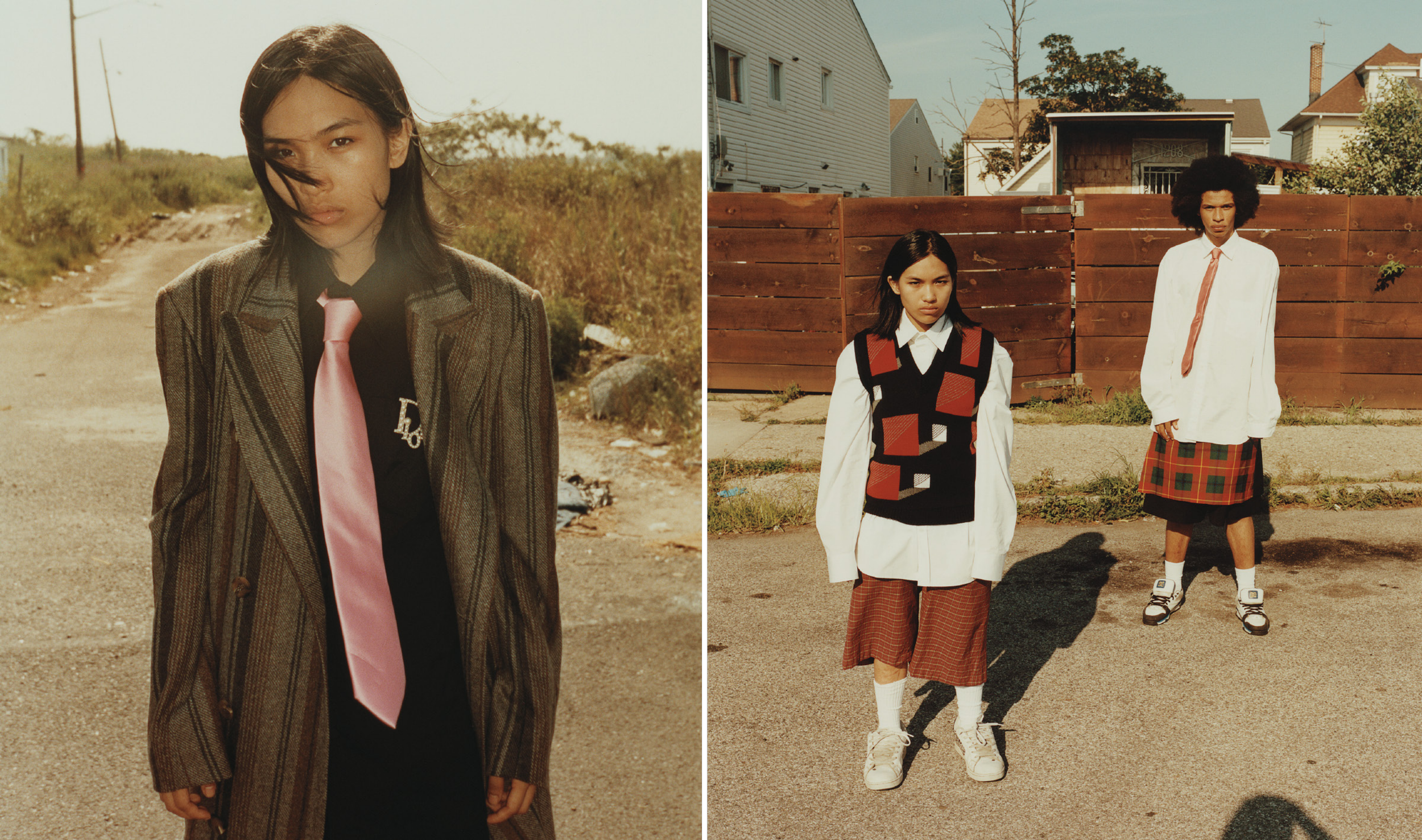 Fashion editorial featuring two images. Left: Person wearing a striped coat and pink tie on a rural road. Right: Two people, one in a patterned vest and shorts, the other in a skirt and tie, standing in a suburban area.