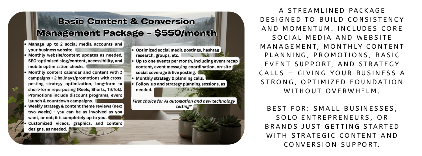 Close-up of a flyer for a social media content and conversion management package priced at $550/month, listing features like content updates, optimized scheduling, campaign management, and strategy planning, alongside a portion of a room with a window and potted cacti.