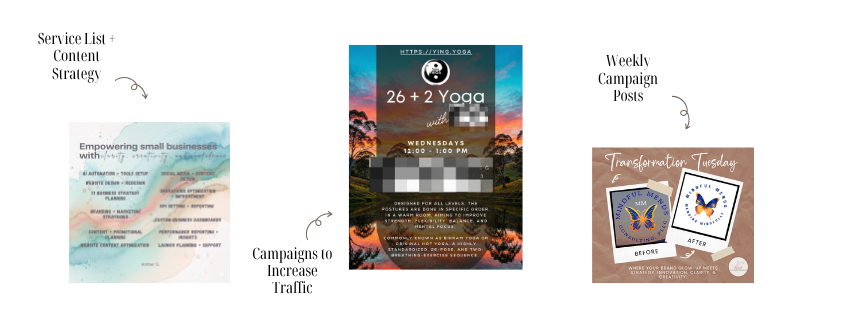 A collage of various flyers and advertisements, including yoga classes, small business empowerment, and transformation Tuesday with before and after butterfly images.