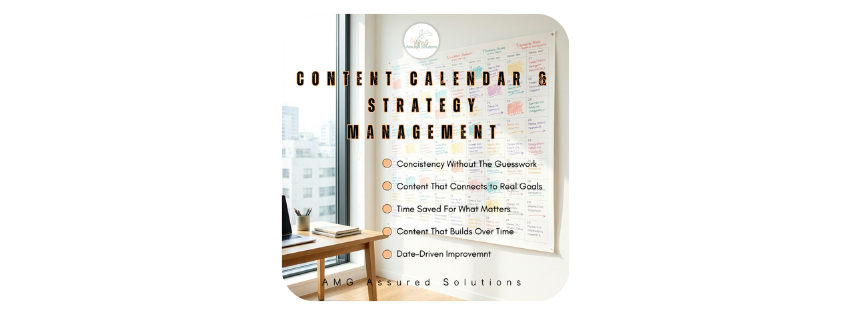 Cover of a document titled 'Content Calendar & Strategy Management' with bullet points about content planning and improvement, displayed on a desk near a window with city buildings outside.