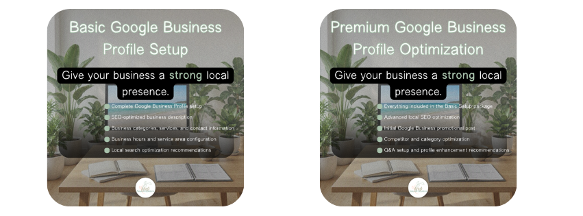 Side-by-side screenshots of Google Business profile setup and optimization guides, with a background of a desk with an open notebook and plants, emphasizing local business presence.