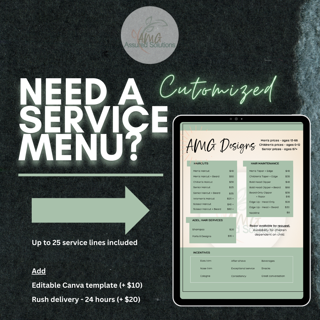 Customized Professional Service Menu