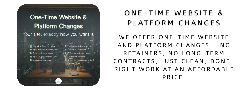 A promotional image for a website and platform change service, showing a cityscape at night with a desk featuring a laptop, printer, and a small plant, with overlaid text describing features of the service.