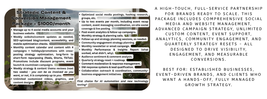 A college or university presentation slide titled "Strategic Content & Conversion Management Package - $1000/month". Bullet points list services like social media management, content creation, analytics, campaigns, and engagement strategies, with some text highlighted in green. The slide has a dark background with white and green fonts, and some logos or graphics at the bottom.
