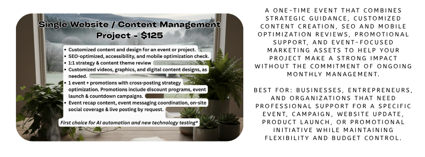 A presentation slide titled 'Single Website / Content Management Project - $125' displayed on a computer screen, listing services such as content design, SEO optimization, content review, digital content creation, promotions, event coordination, and messaging. The slide has a background of a window with plants.