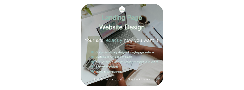 Overhead view of a workspace with a laptop, smartphone, calculator, and notebooks, promoting website landing page design and custom solutions.