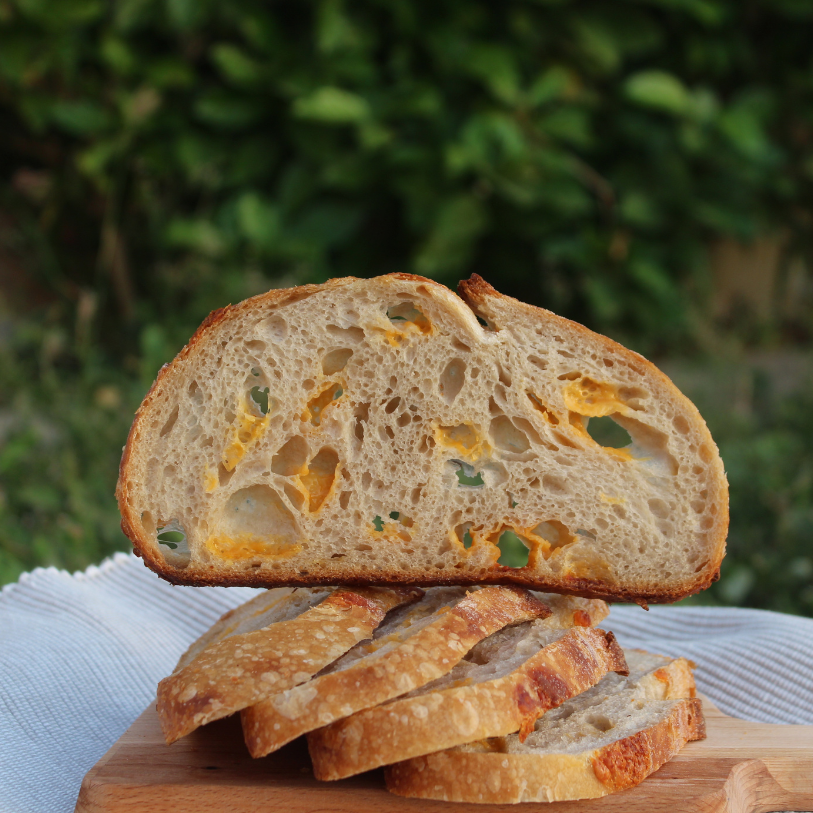Sliced jalapeño cheddar sourdough bread
