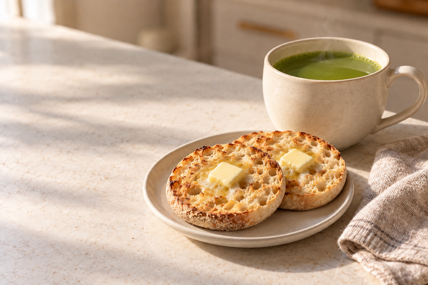Lavender matcha served with a split, buttered English muffin