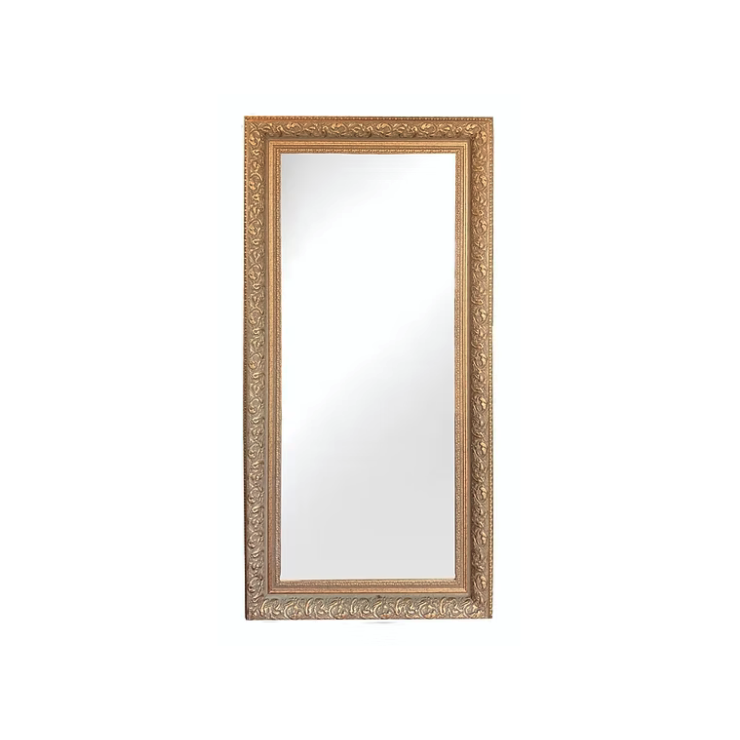 A tall, rectangular mirror with an ornate gold frame against a white background.