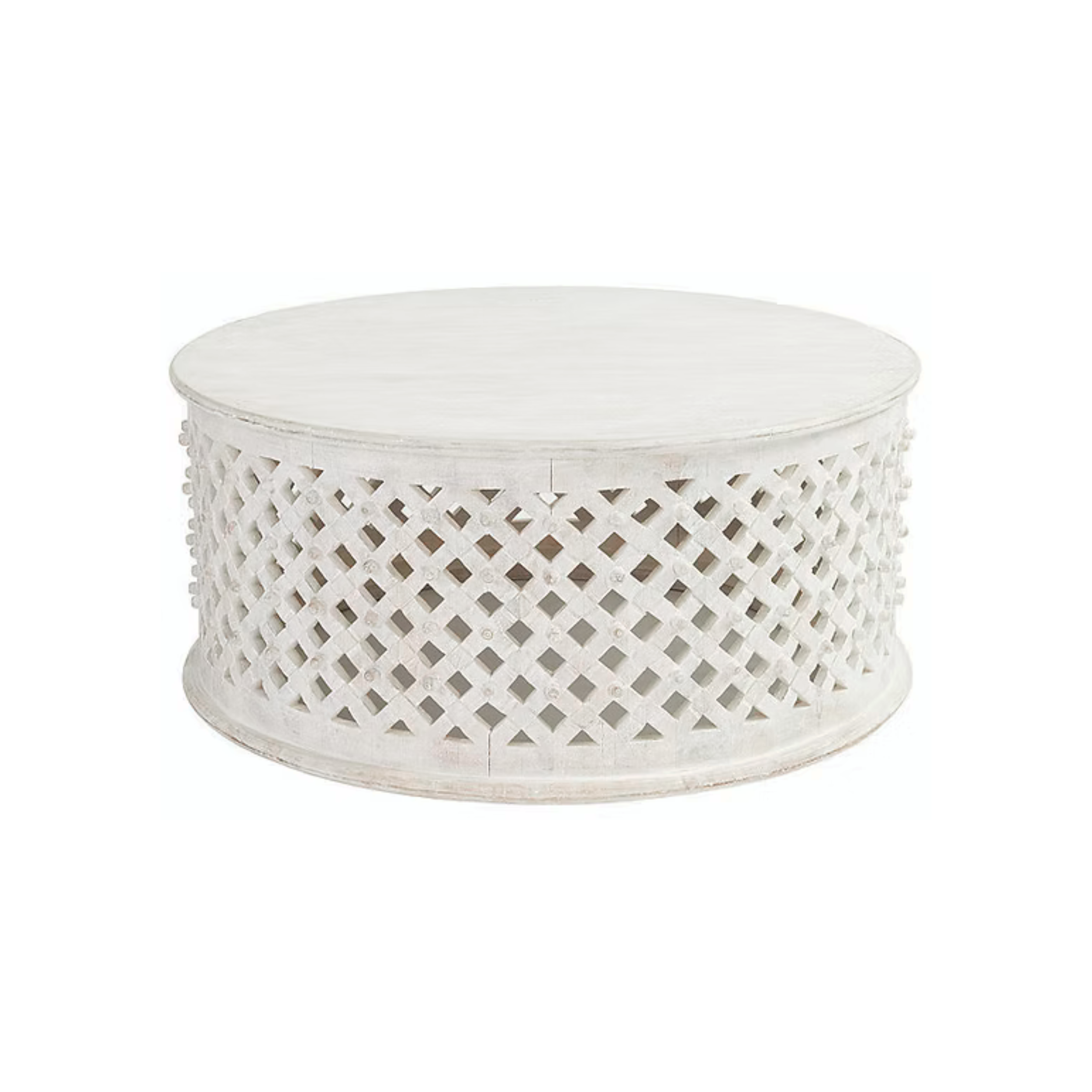 White round wicker coffee table with lattice design