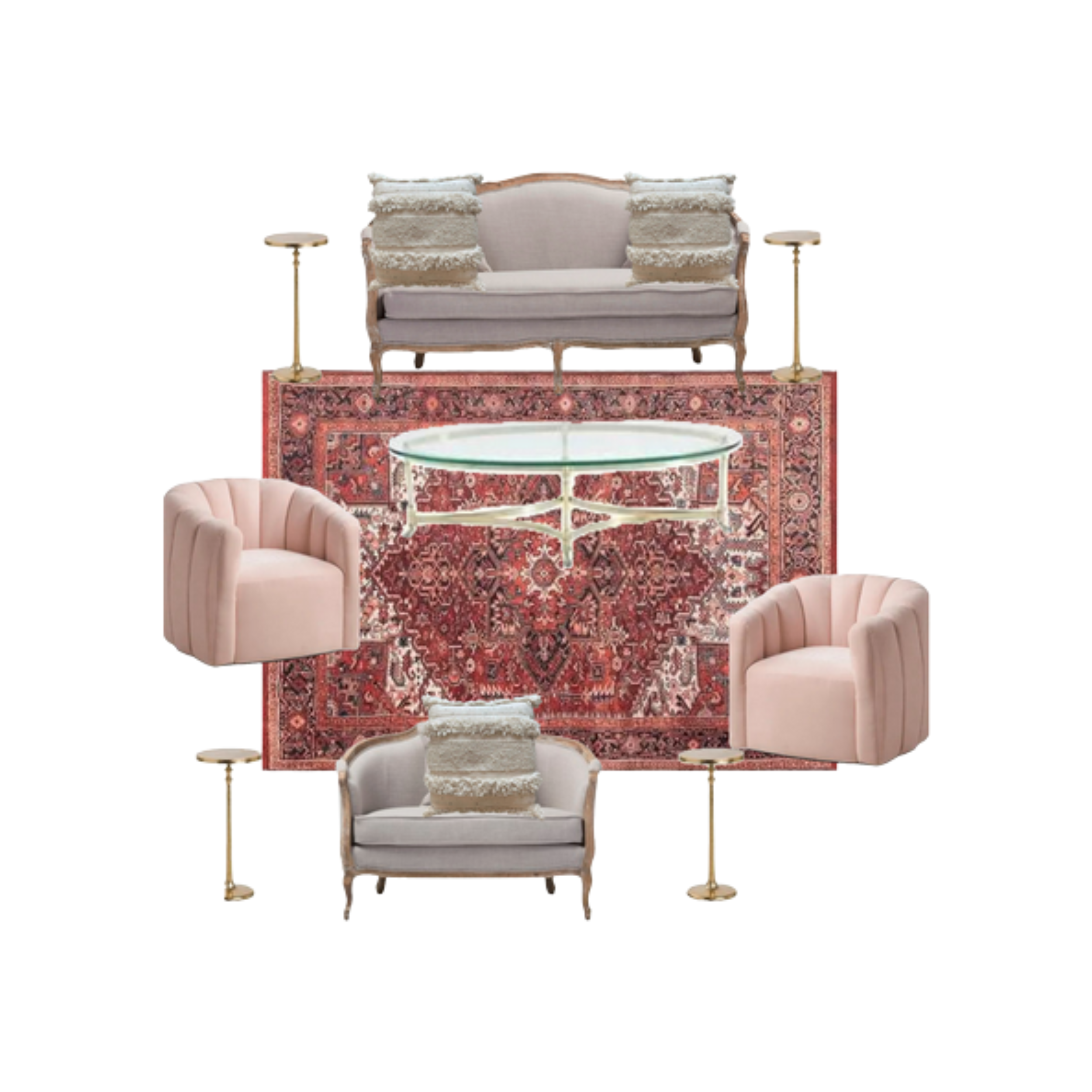 Arrangement of vintage furniture including a grey loveseat, two pink velvet armchairs, a glass coffee table, a white loveseat, two gold side tables, and a red Persian rug.
