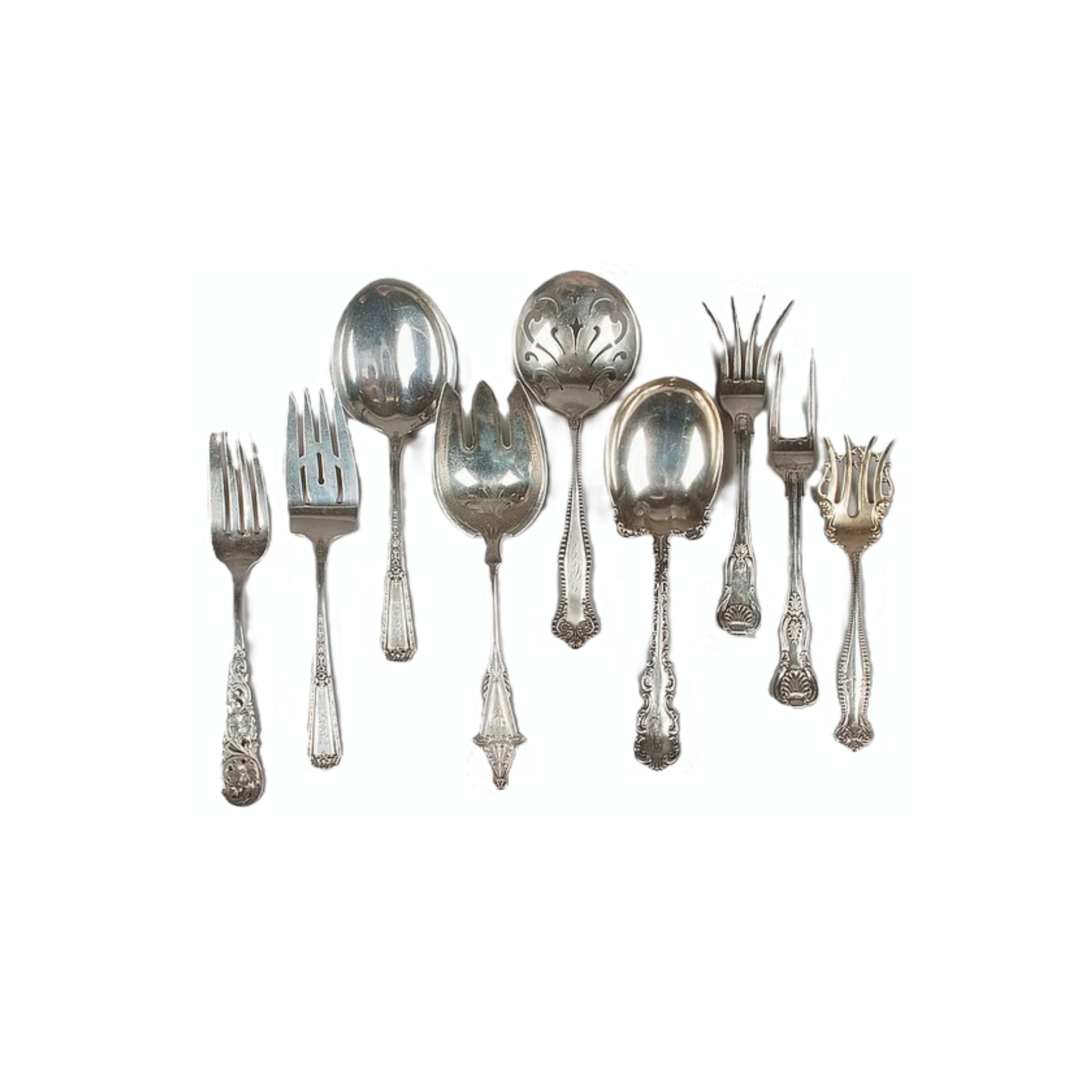 Collection of ornate silver forks and spoons arranged on a white background.