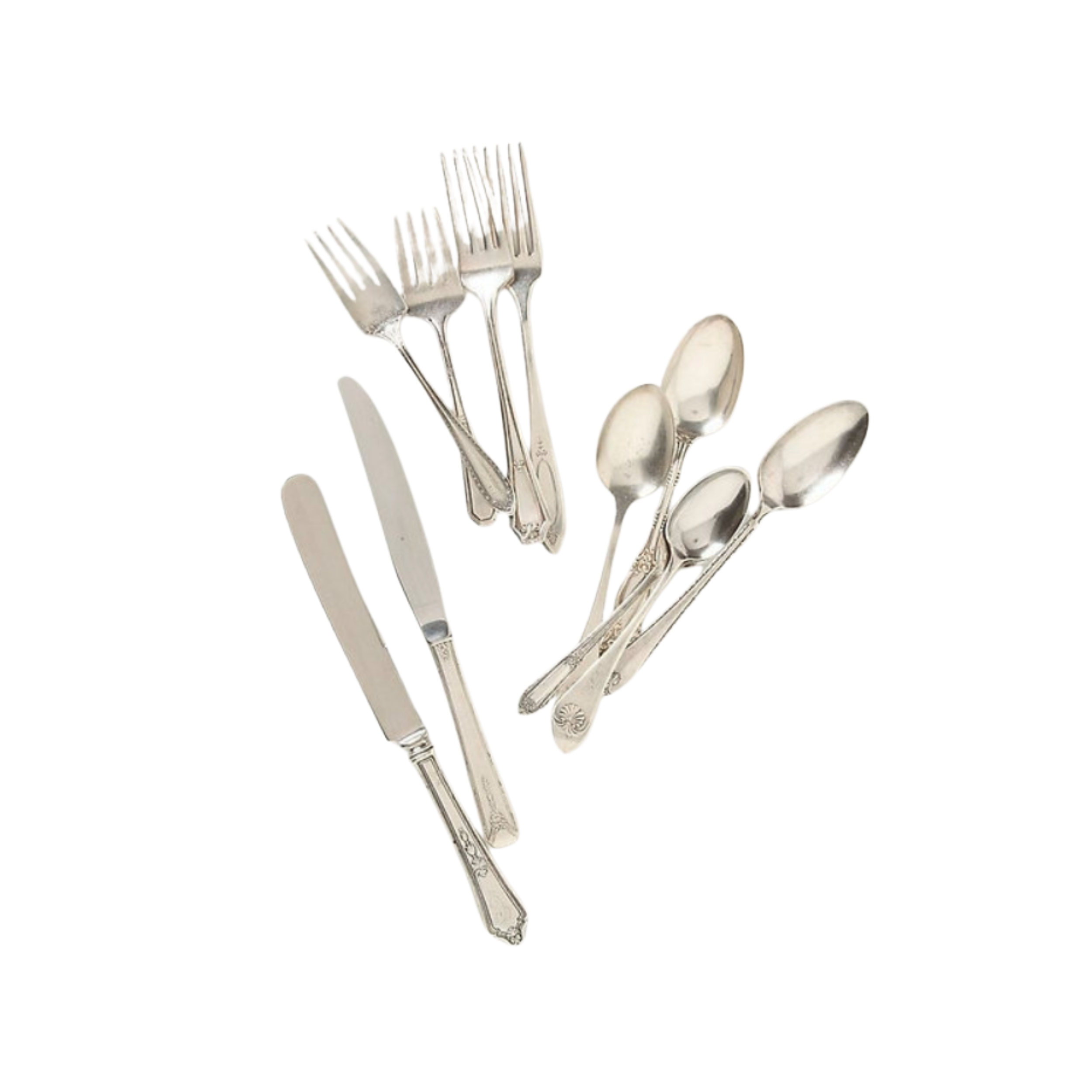 Set of vintage silverplate silverware including three forks, three spoons, a butter knife, and a table knife on a white background.