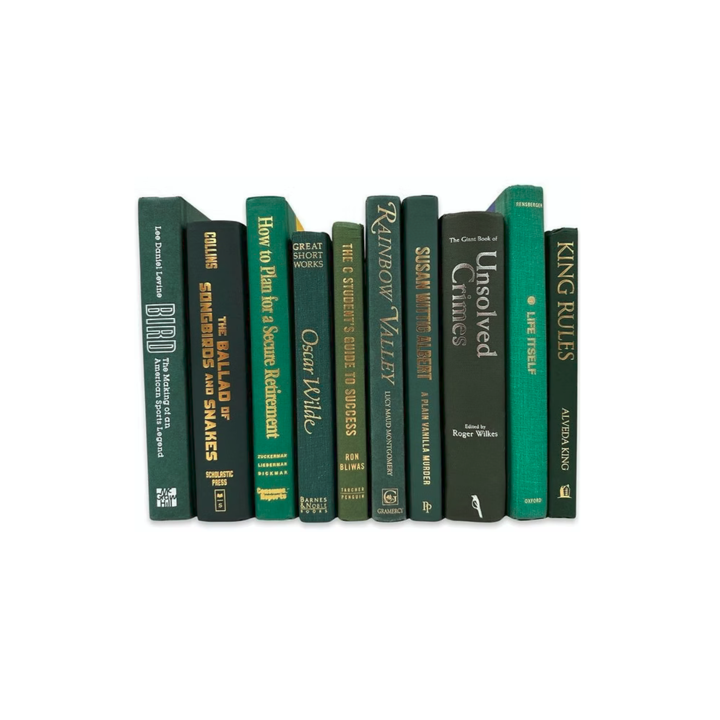A row of ten green books standing upright on a white background.