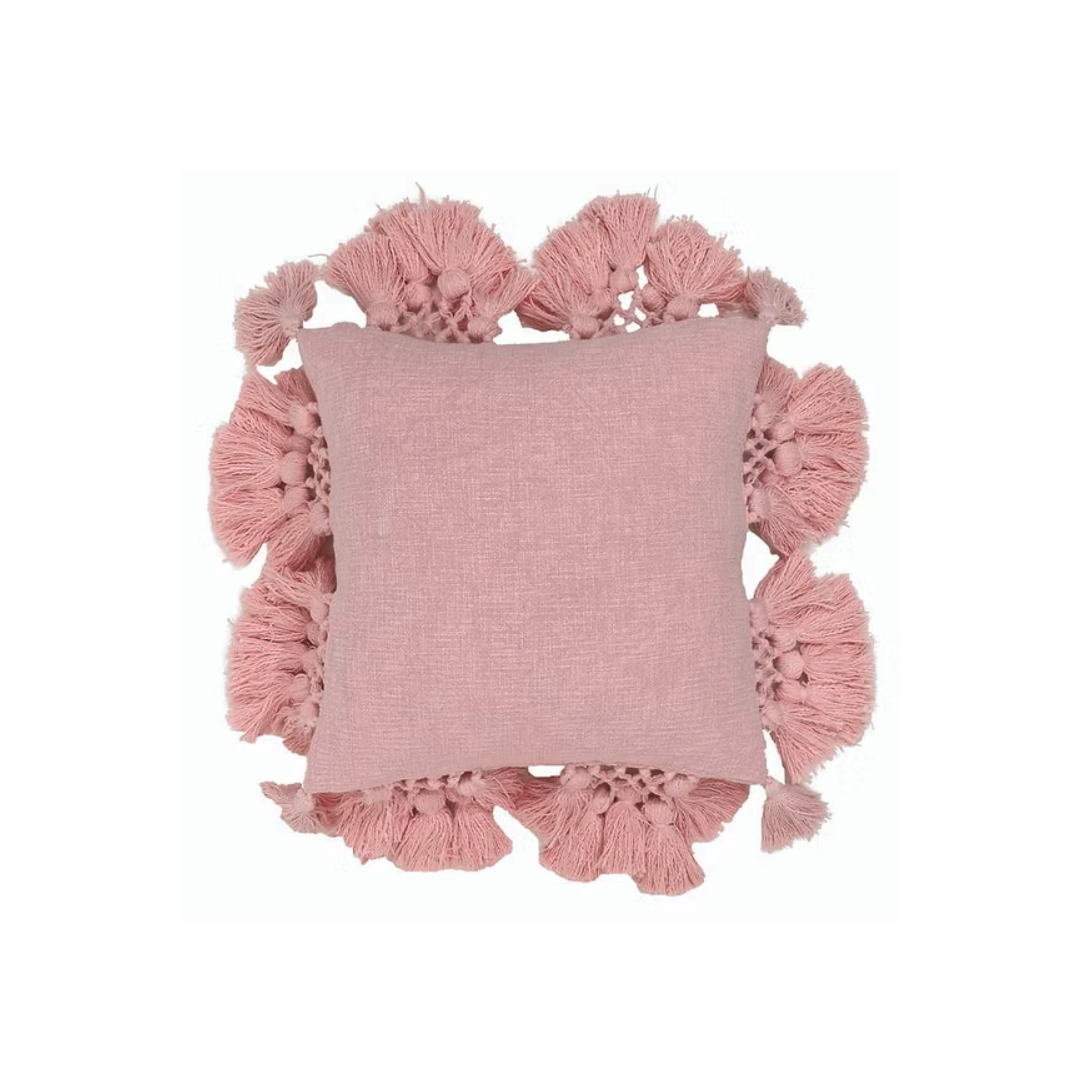 Pink decorative throw pillow with tasseled fringe on all sides, isolated on white background.