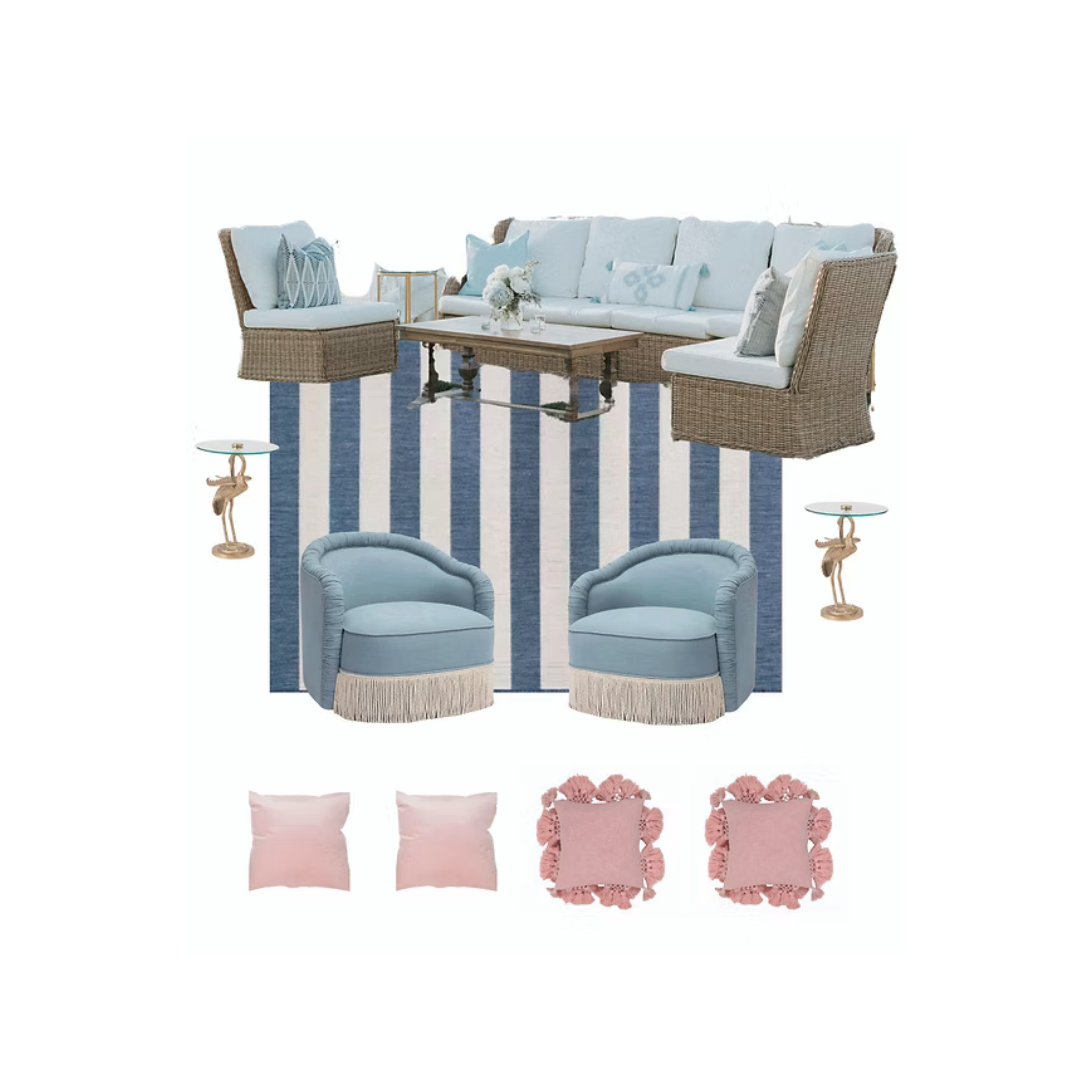 Collage of blue and pink furniture and decorative items, including a sectional sofa, armchairs, side tables, cushions, and a striped rug.
