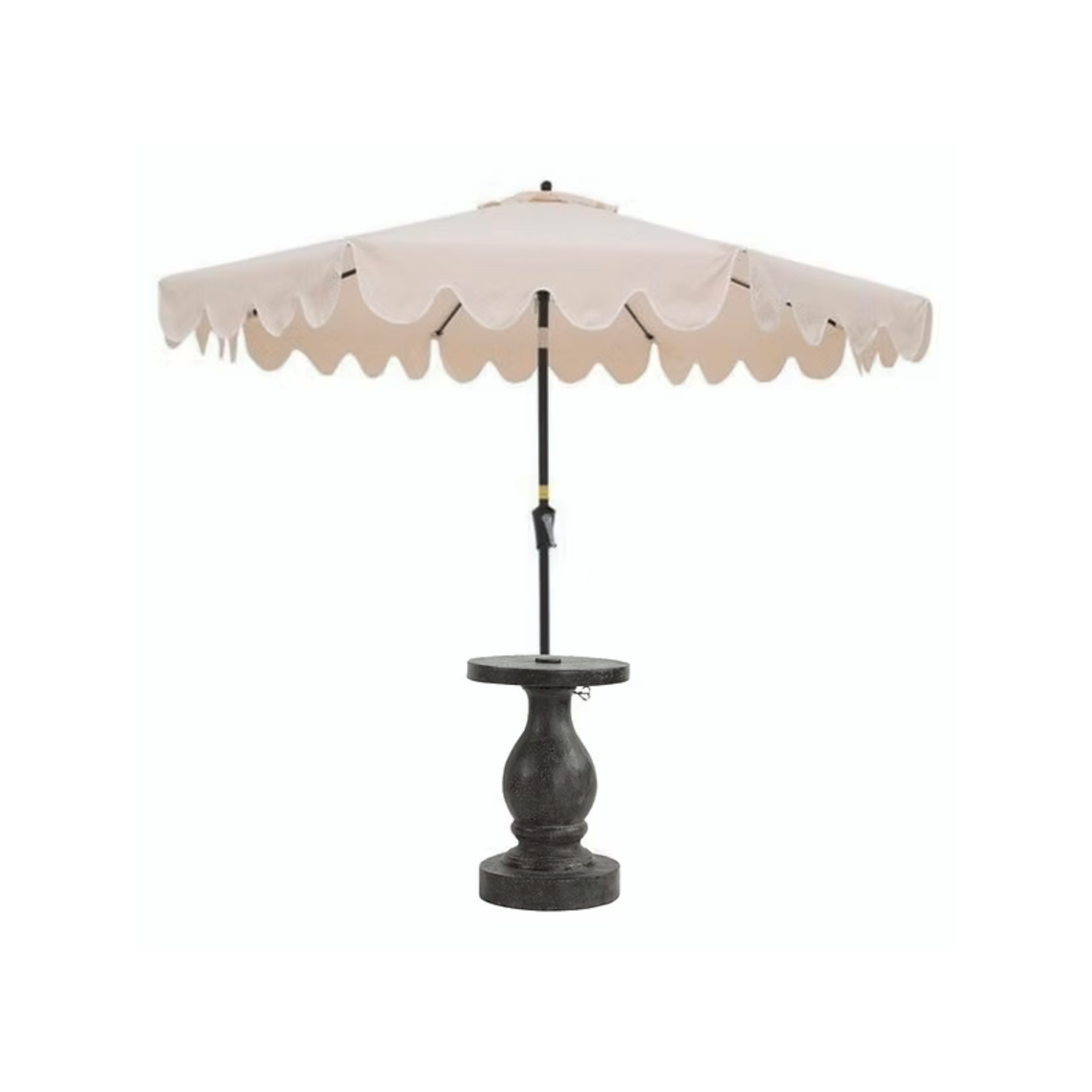 Outdoor patio table with a large beige umbrella attached to a black base.