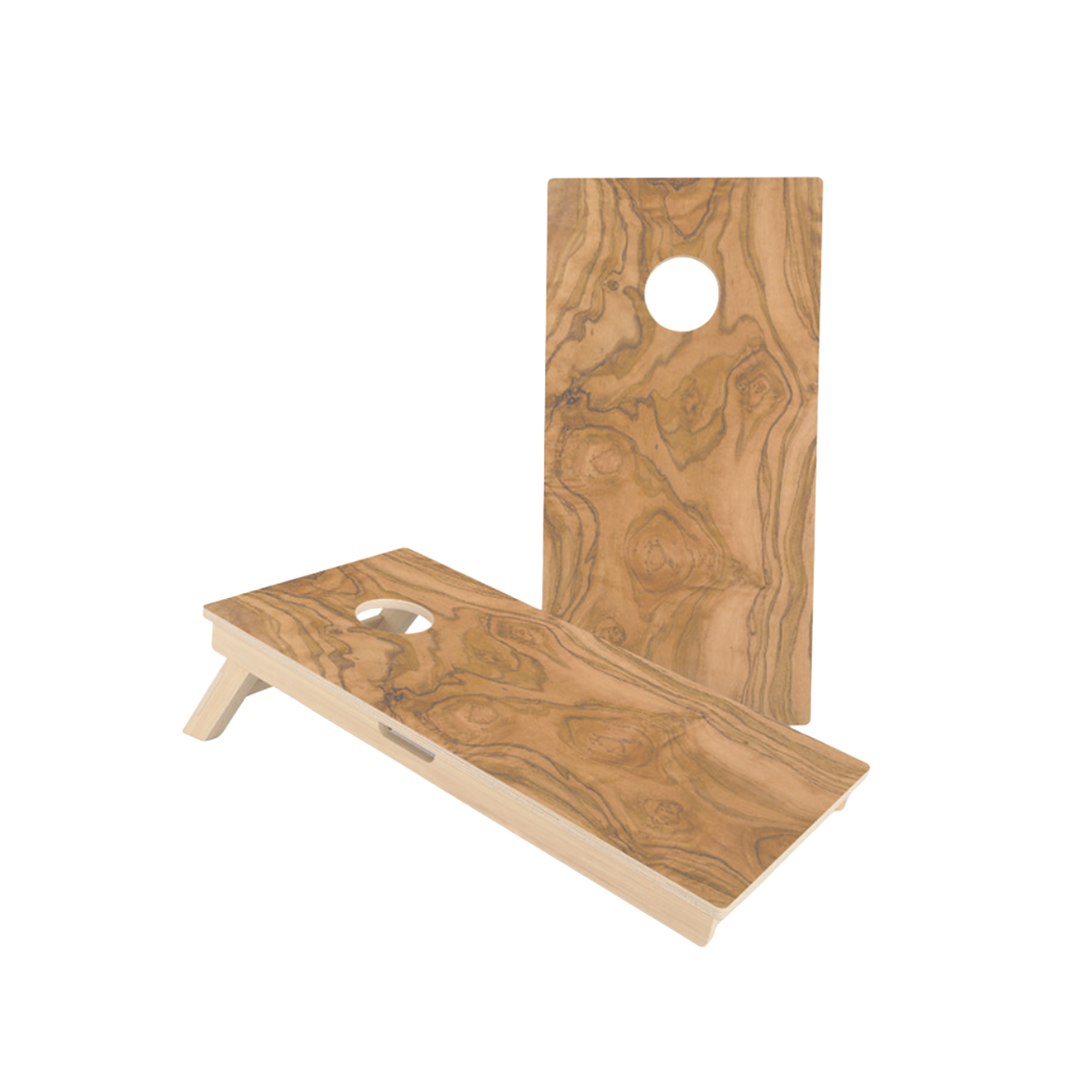 Two wooden cornhole boards with a natural wood finish and a circular hole near the top.