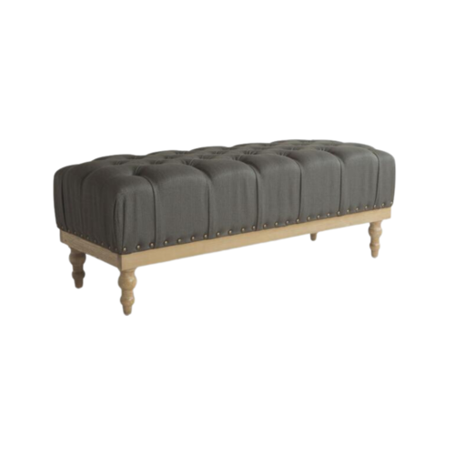 A gray upholstered bench with tufted cushion and wooden legs.