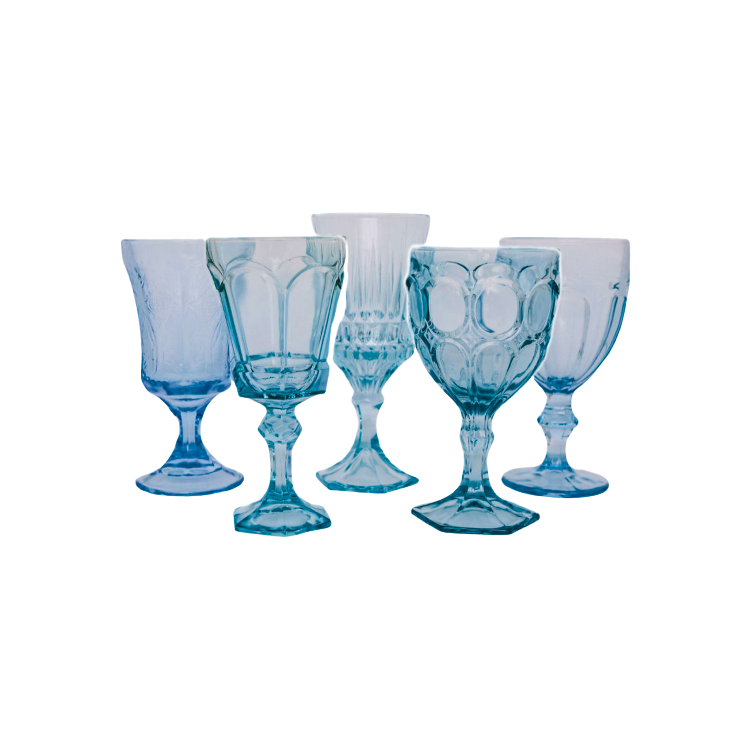Five light blue-tinted vintage-style glass goblets.
