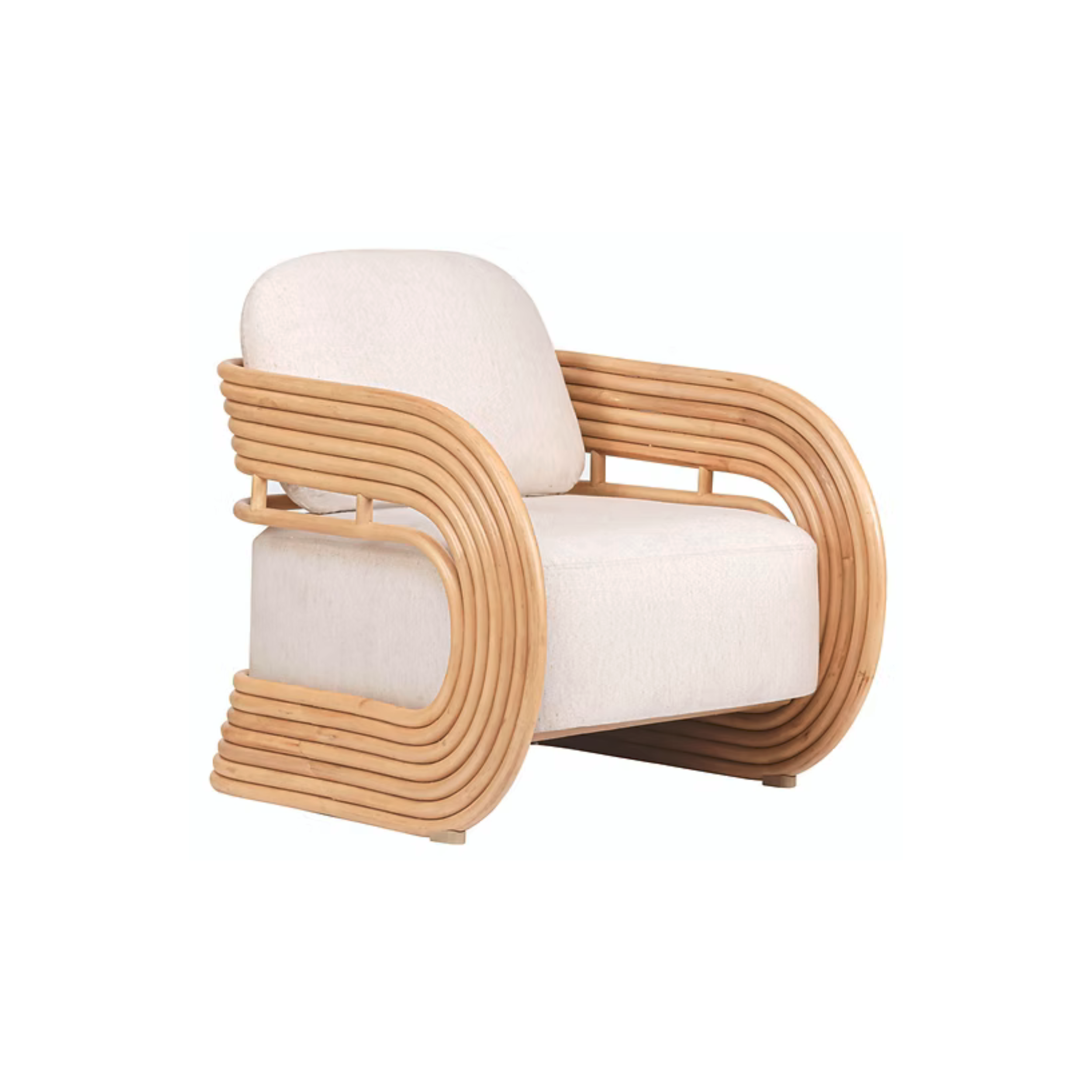 A modern armchair with a wooden, curved frame and white cushions.