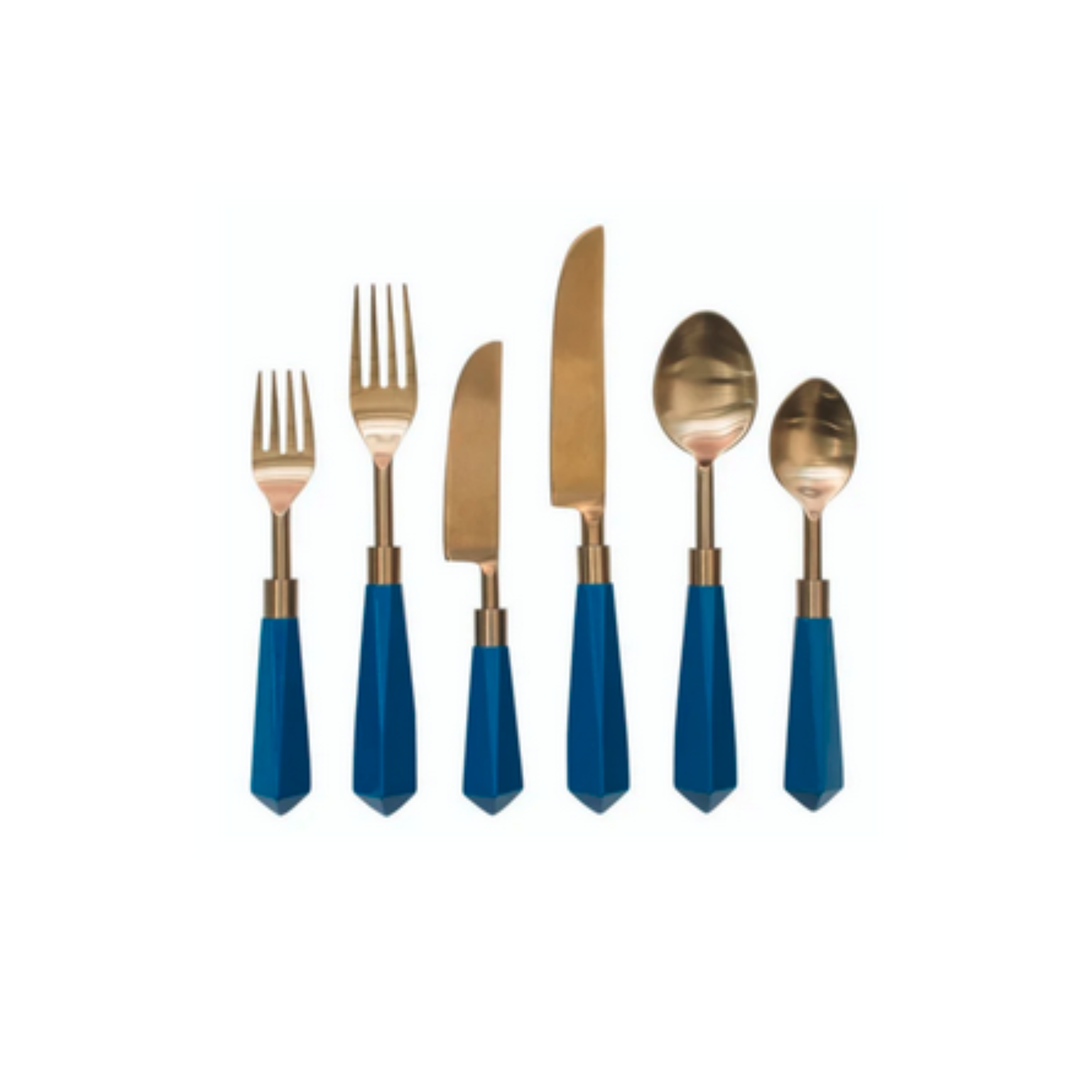 Something Vintage Rental utensils with golden heads and blue handles, including forks, knives, and spoons.