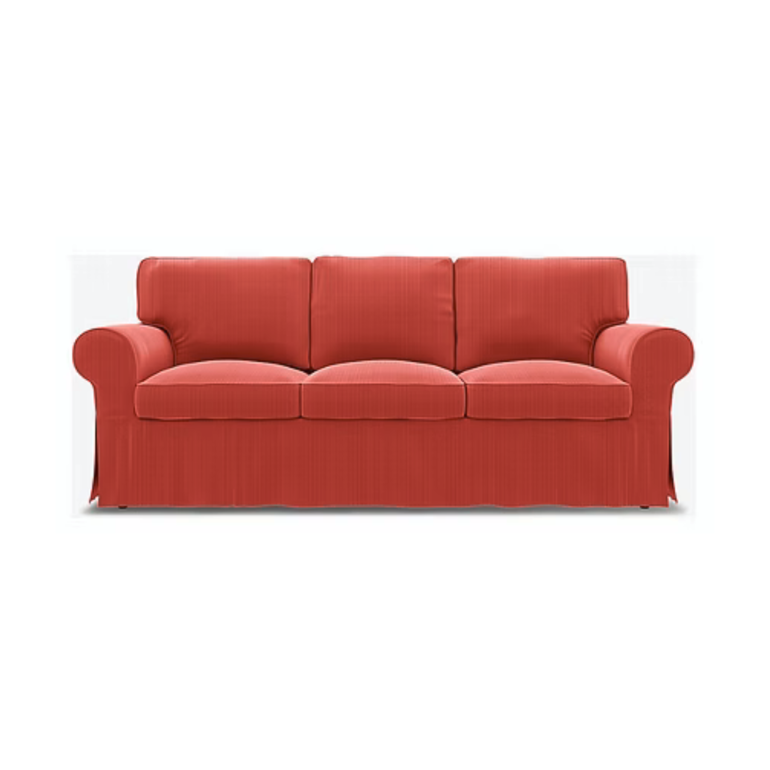 Red upholstered three-seat sofa with rolled arms and a pleated skirt.