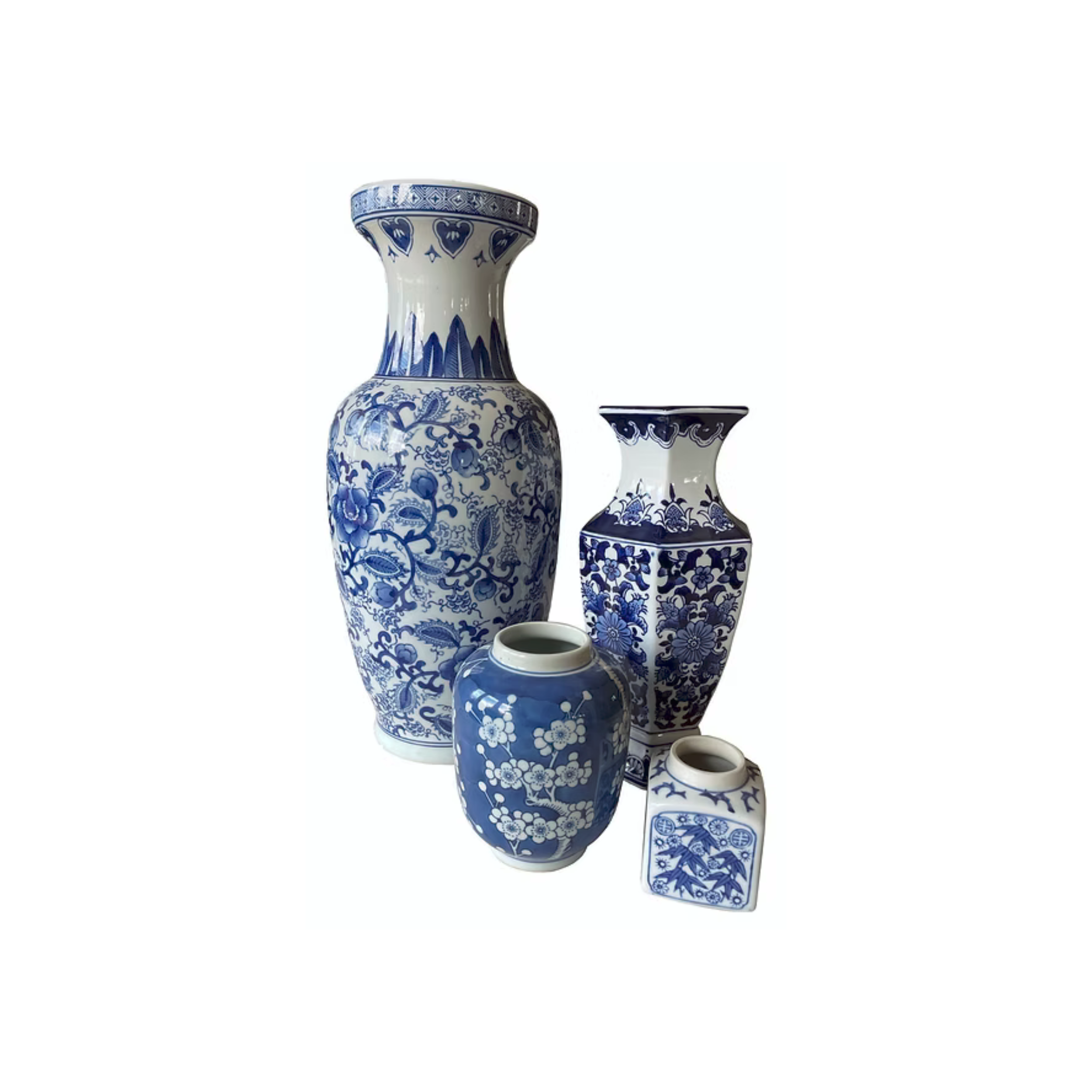 Set of five decorative blue and white ceramic vases with floral and geometric patterns