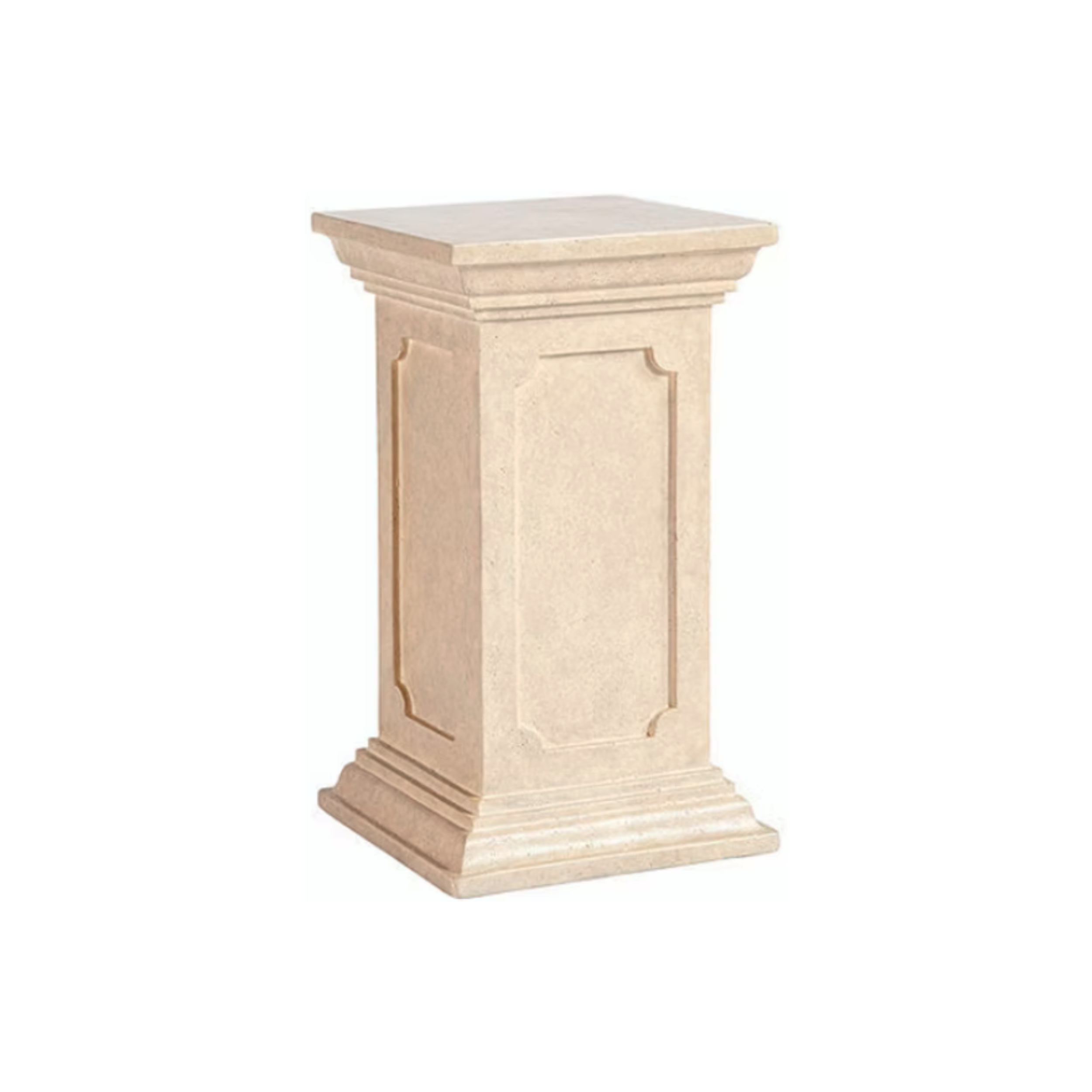 A beige stone pedestal or plinth with decorative molding and paneling.