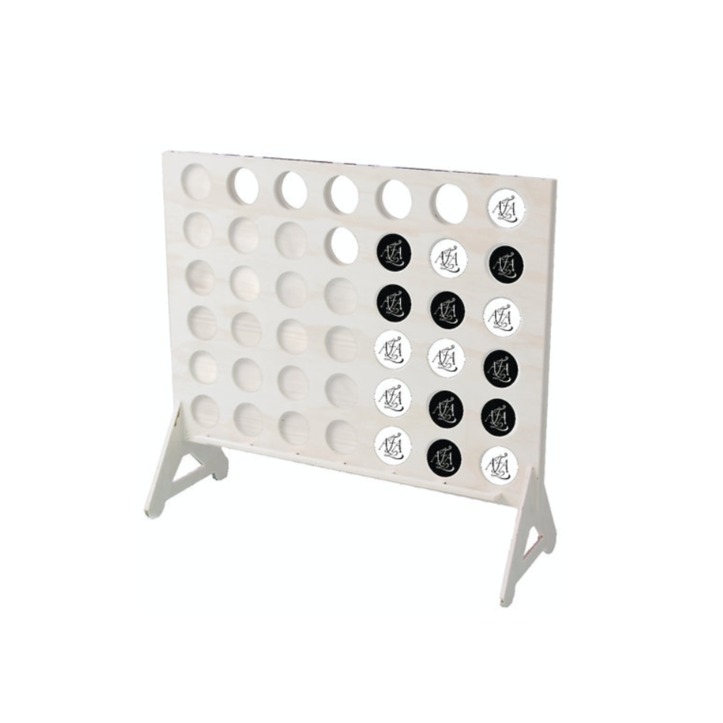 White oversized Connect Four game with black and white tokens on a white background.
