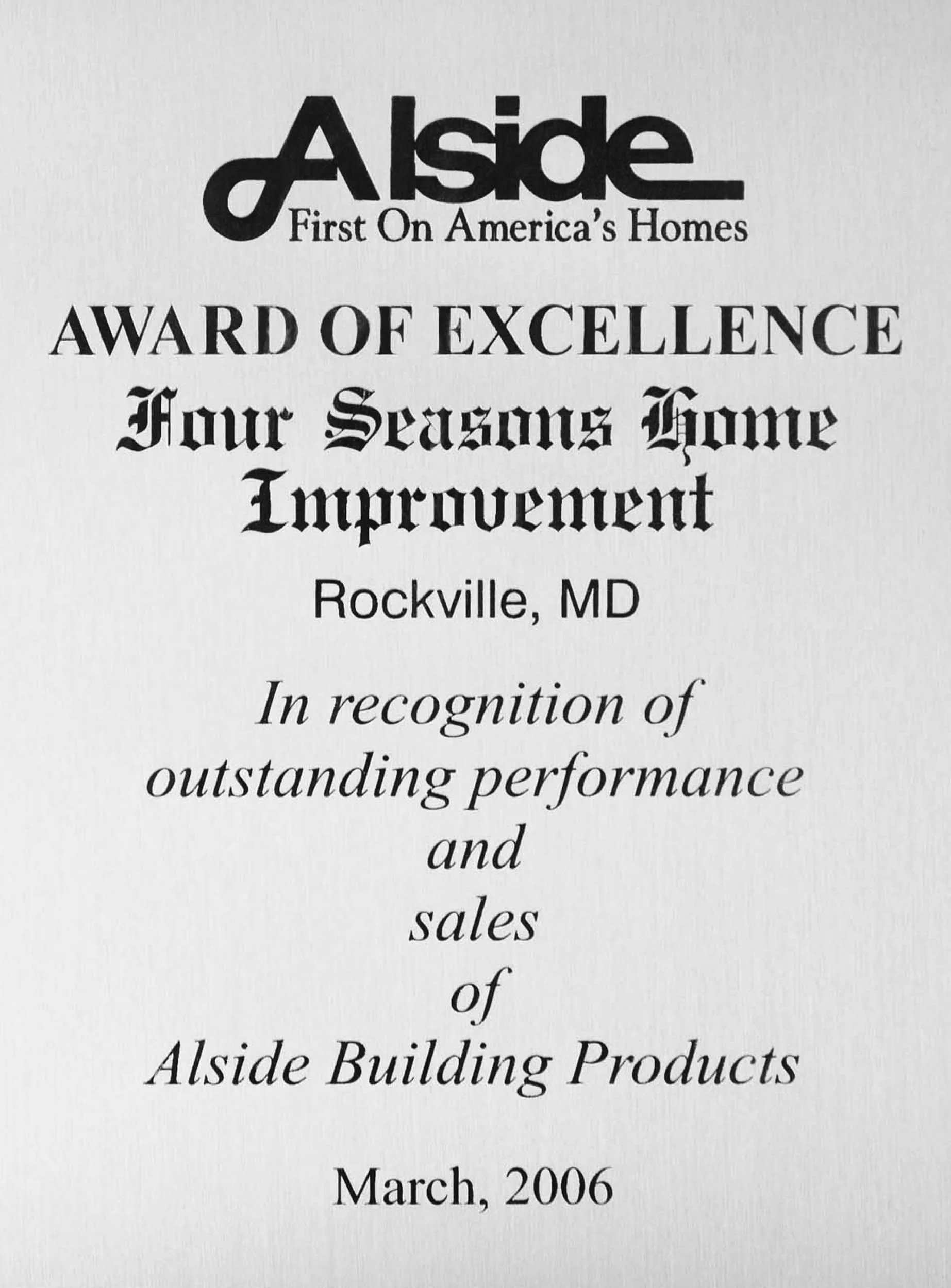 A certificate from Alside recognizing outstanding performance and sales of Alside Building Products in Rockville, Maryland, awarded in March 2006.
