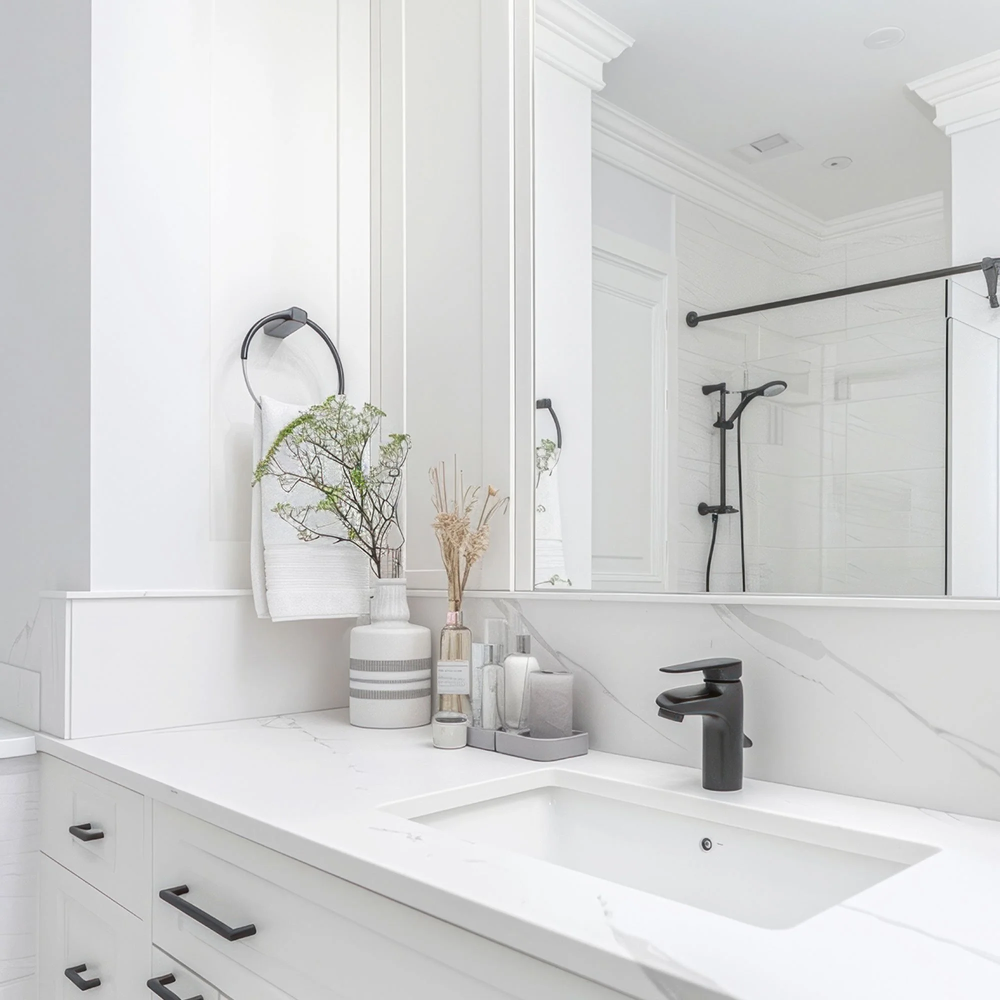 A modern white bathroom with a marble countertop, black faucet, and decor including a vase with dried flowers, soap dispensers, a mirror, and a view of a shower with a glass door in the background.