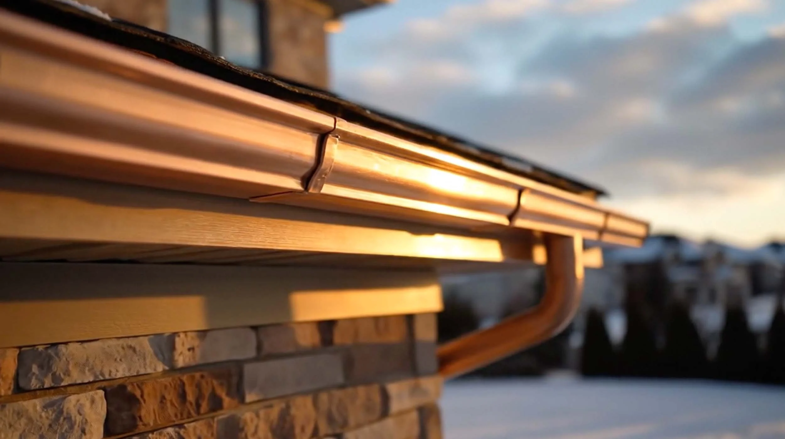 Close-up of a building's roofline during sunset, showing wooden trim, stone, and brick exterior, with snow and houses in the background under a cloudy sky.