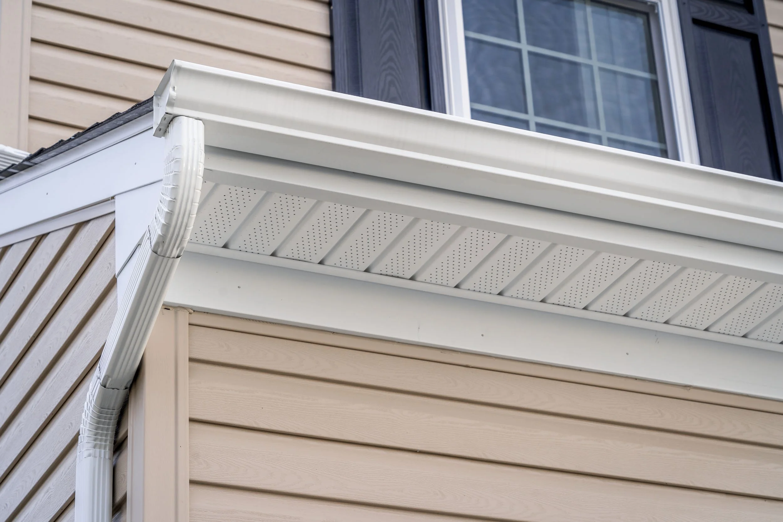 Close-up of house's soffit, fascia, and gutter system with beige and white siding.