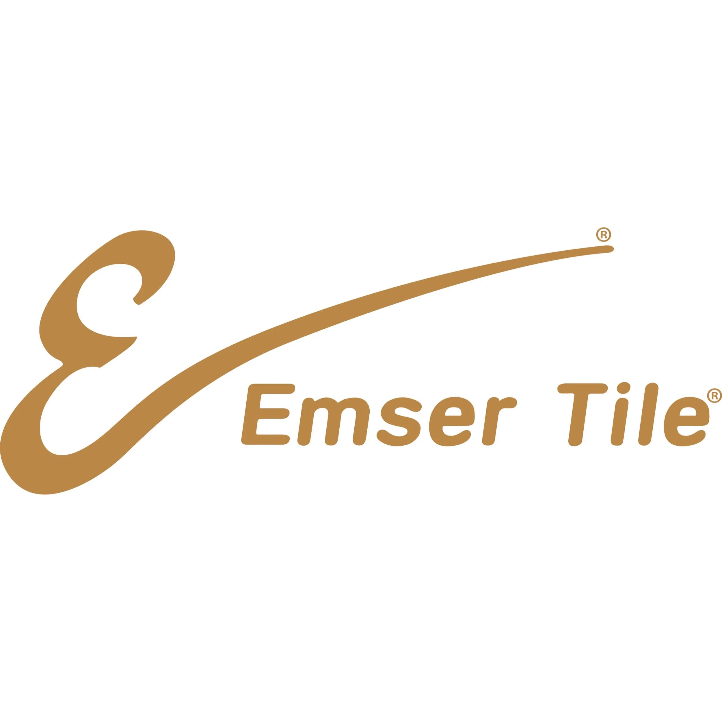 Emser Tile logo in brown lettering with a stylized cursive 'E' and the words 'Emser Tile'.