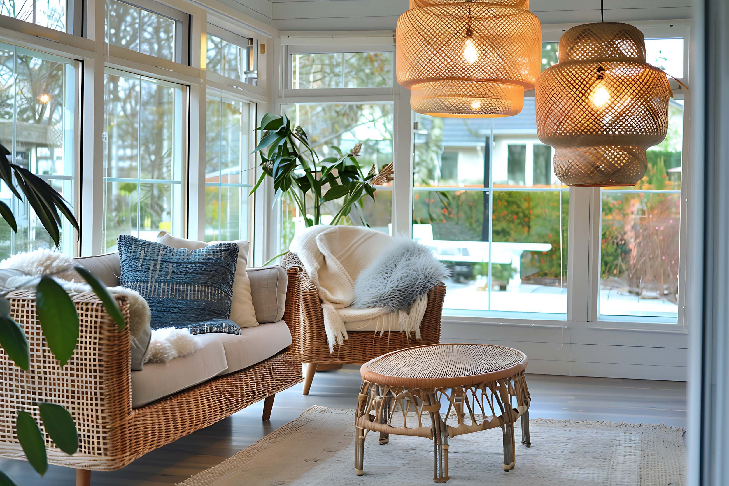Sunlit sunroom with wicker sofa and armchair, decorative pillows, cozy throws, large windows with view of patio, hanging woven pendant lights, and a small rattan coffee table.