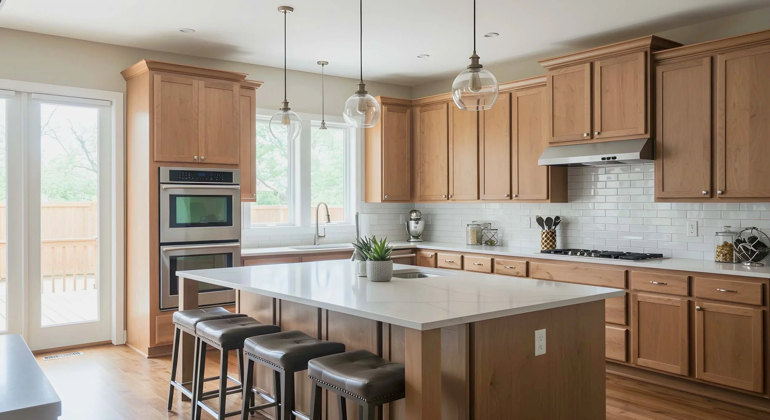 Modern kitchen with wooden cabinets, white subway tile backsplash, central island with seating, stainless steel double oven, over-the-range microwave, and pendant lights over the island.