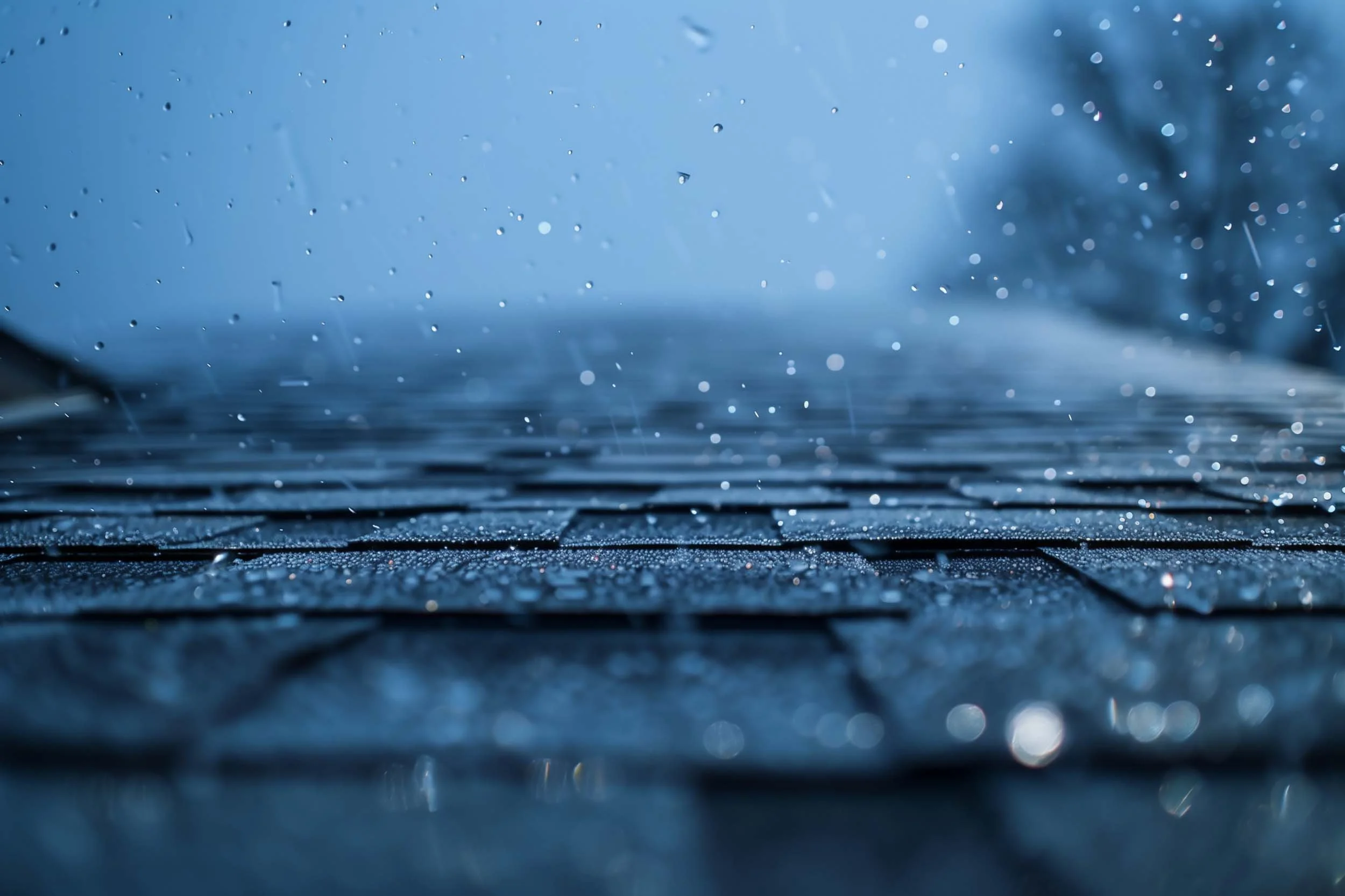 Rain and snow falling on dark asphalt shingled roof.