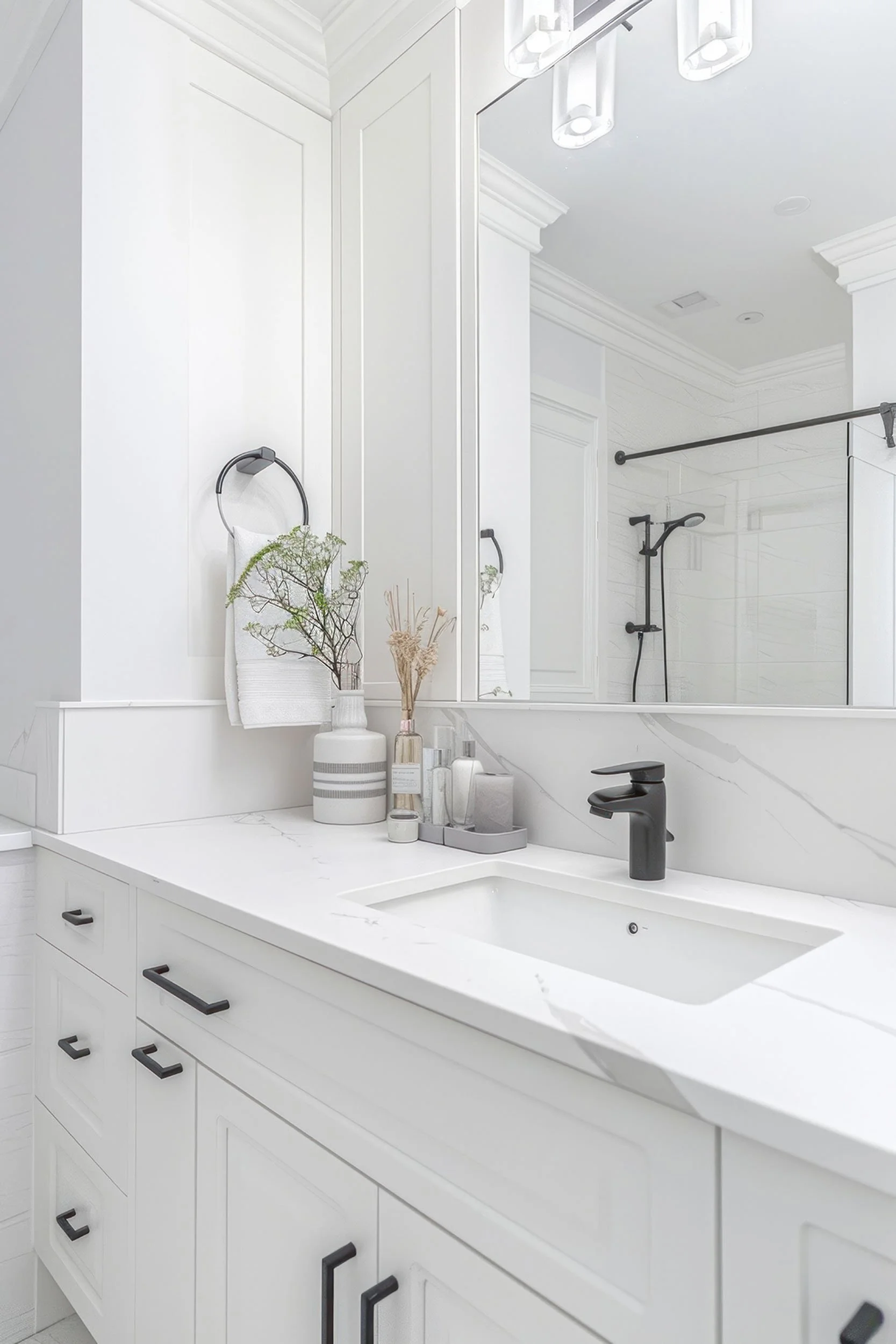 Modern white bathroom vanity with a black faucet, plants, toiletries, and a large mirror. Visible shower area with black hardware and glass door.
