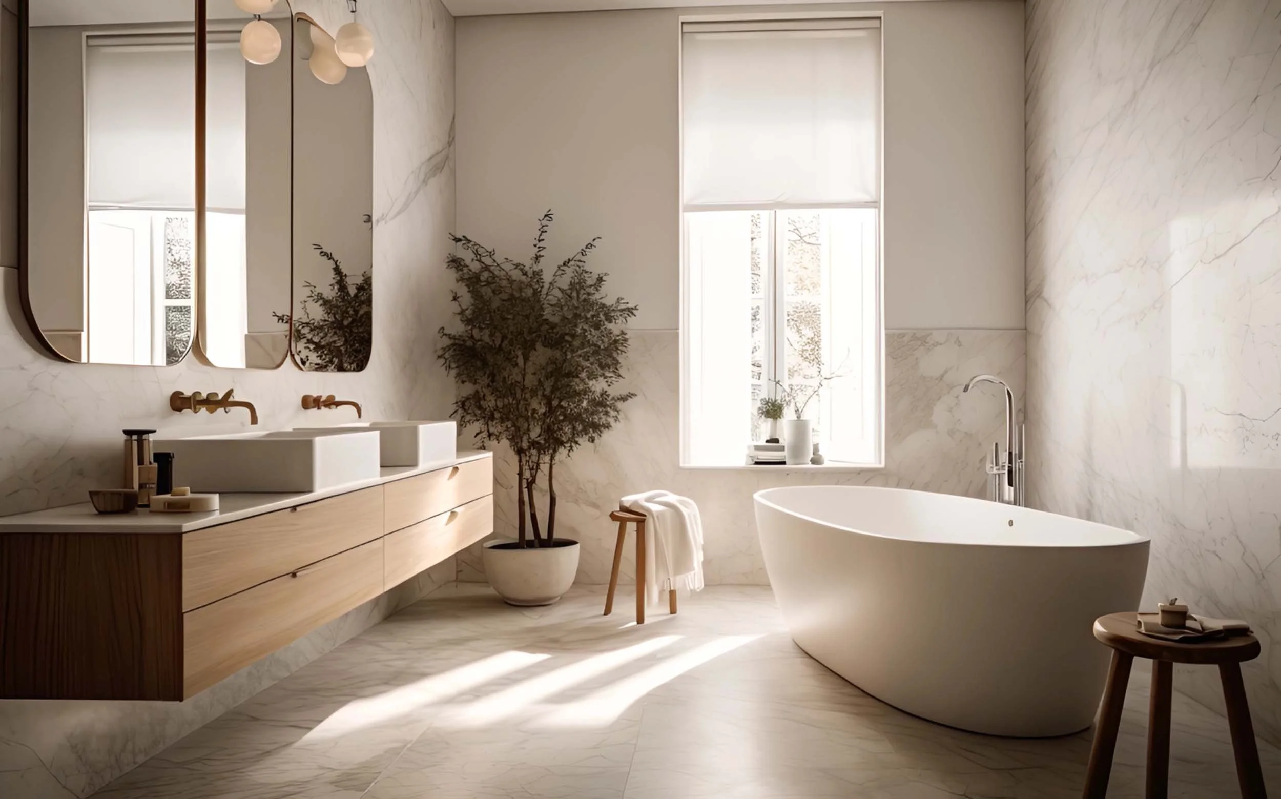 Modern bathroom with double vanity sinks, three oval mirrors, a freestanding bathtub near a window, a potted plant, and minimal decor in neutral tones.