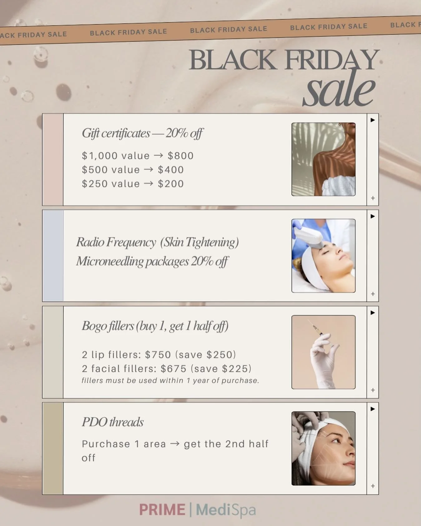 BLACK FRIDAY starts now at Prime MediSpa 🖤✨

Our biggest savings of the year are officially live &mdash; from gift certificates to RF microneedling, fillers, and PDO threads.
Treat yourself (or someone you love) and lock in these once-a-year deals.
