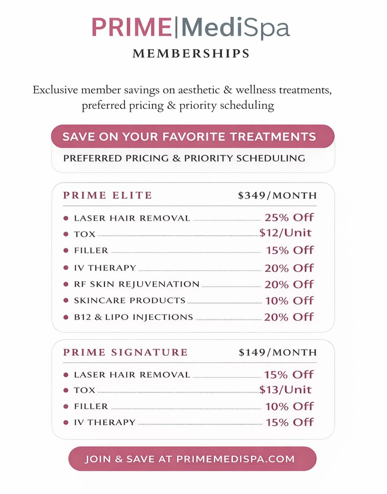 ✨ Introducing PRIME MediSpa Memberships ✨

Enjoy exclusive member pricing, priority scheduling, and savings on your favorite aesthetic and wellness treatments. Our memberships are designed for patients who want consistent results while saving on the 