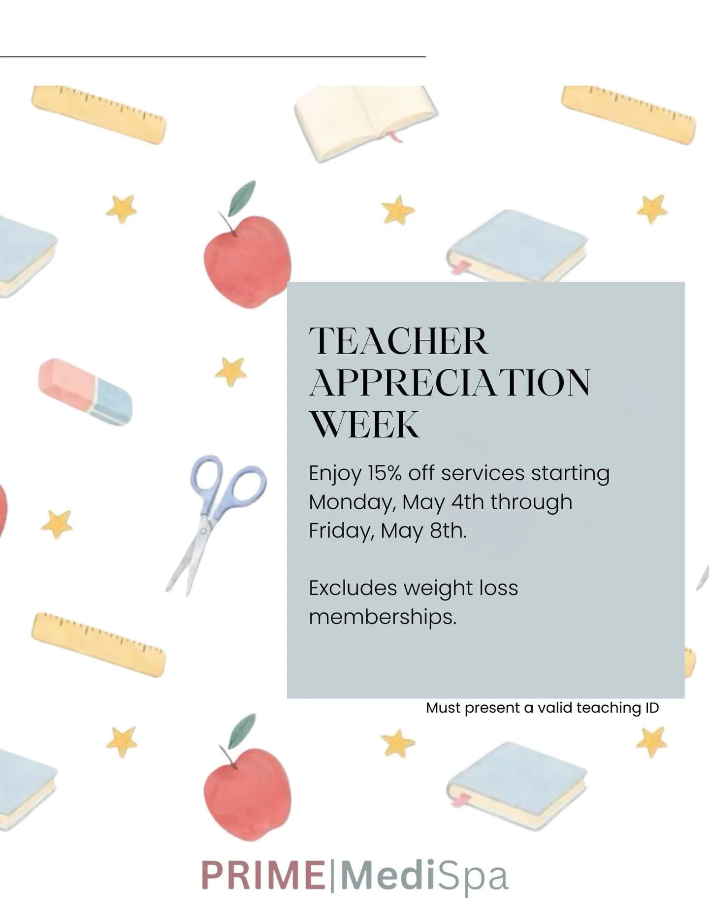 Teachers, this one&rsquo;s for you 🤍

Take a moment for yourself with 15% off all services at Prime MediSpa

📅 May 4th &ndash; May 8th
🍃 A little reset, a little glow, a little you-time

Must present a valid teaching ID
Excludes weight loss member