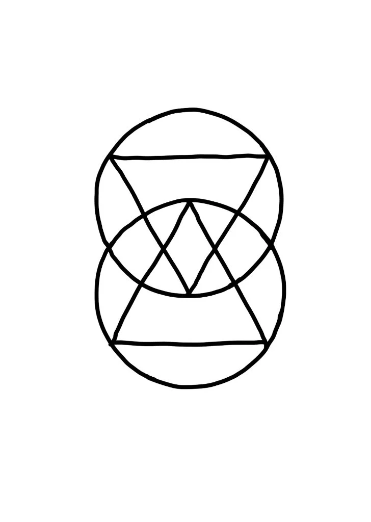 Black geometric abstract design with overlapping circles, triangles, and lines on a white background.