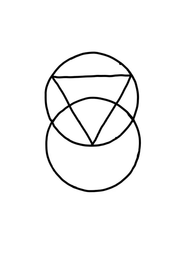 Hand-drawn geometric design with overlapping circles, triangles, and horizontal lines.