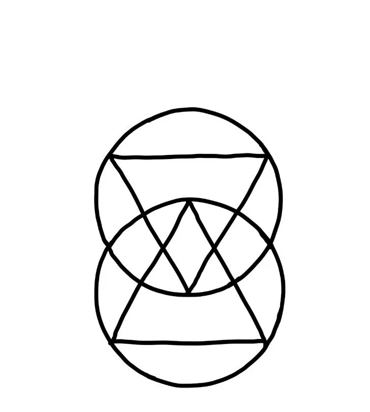 A black and white abstract line drawing with circular and triangular shapes, symmetrical in design.