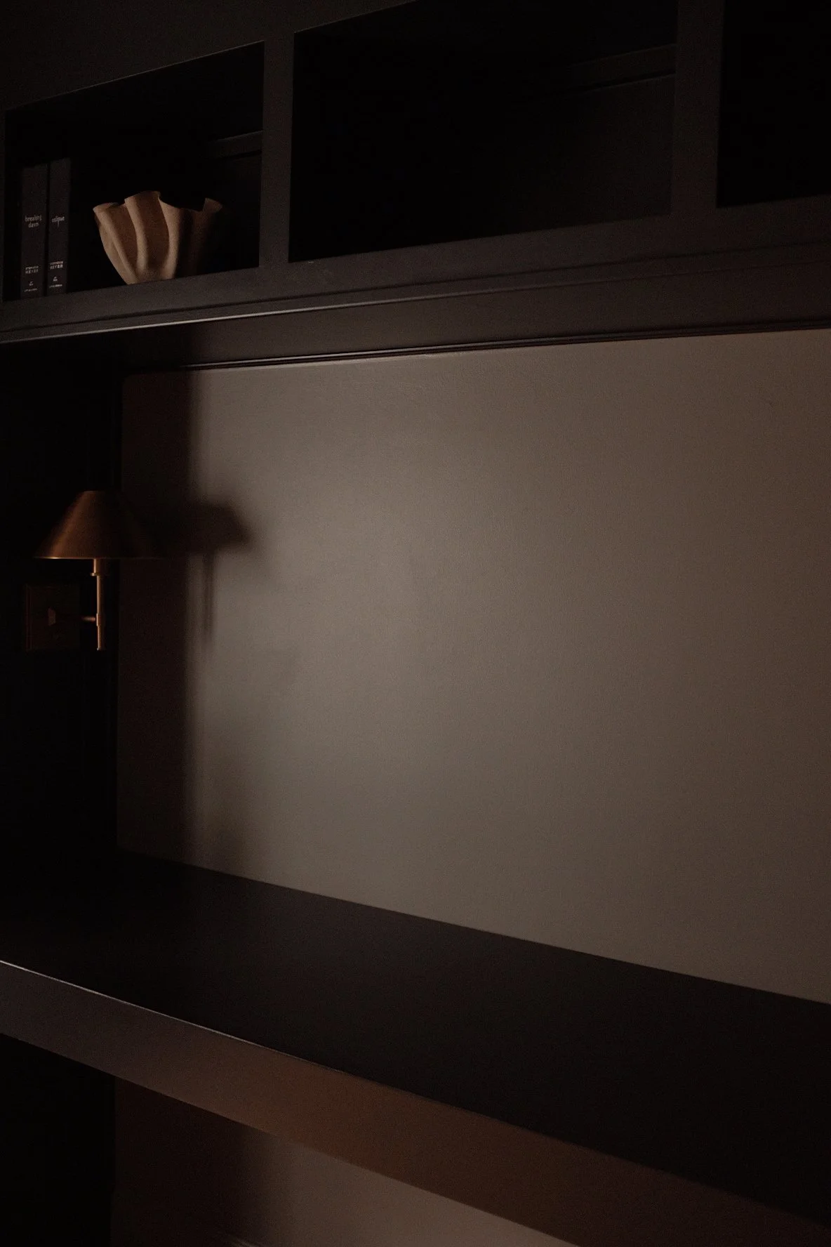 Minimalist dark shelf with overhead compartments, a lamp on the wall, and a decorative object and books on top shelf.