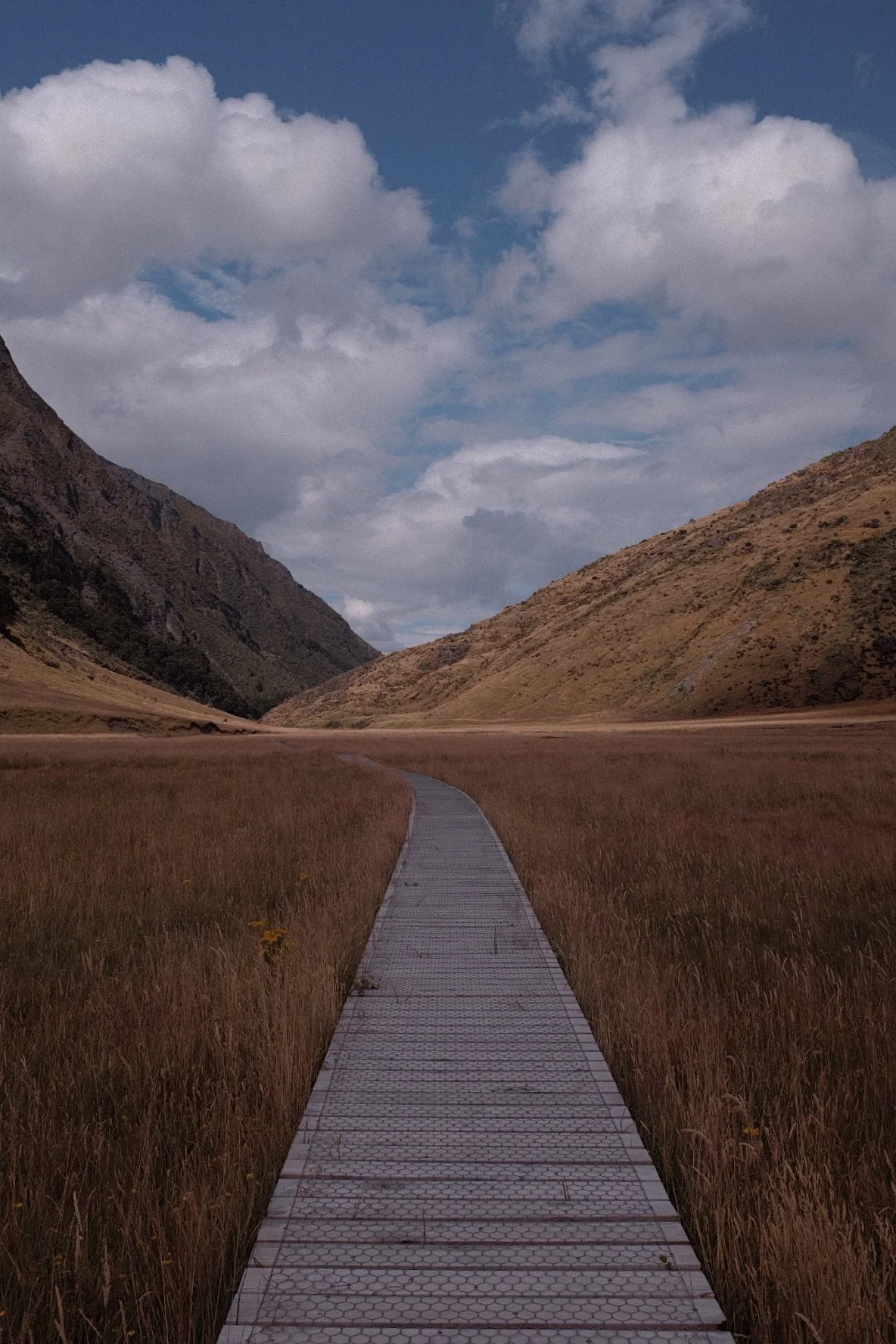 Wooden boardwalk through grassy valley with mountains under cloudy sky.